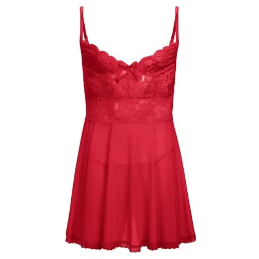

ABAFIP Men's Sissy Lingerie Crossdressing Nightwear Sheer Lace Mesh Nightdress Ruffle V-Neck Nightgown