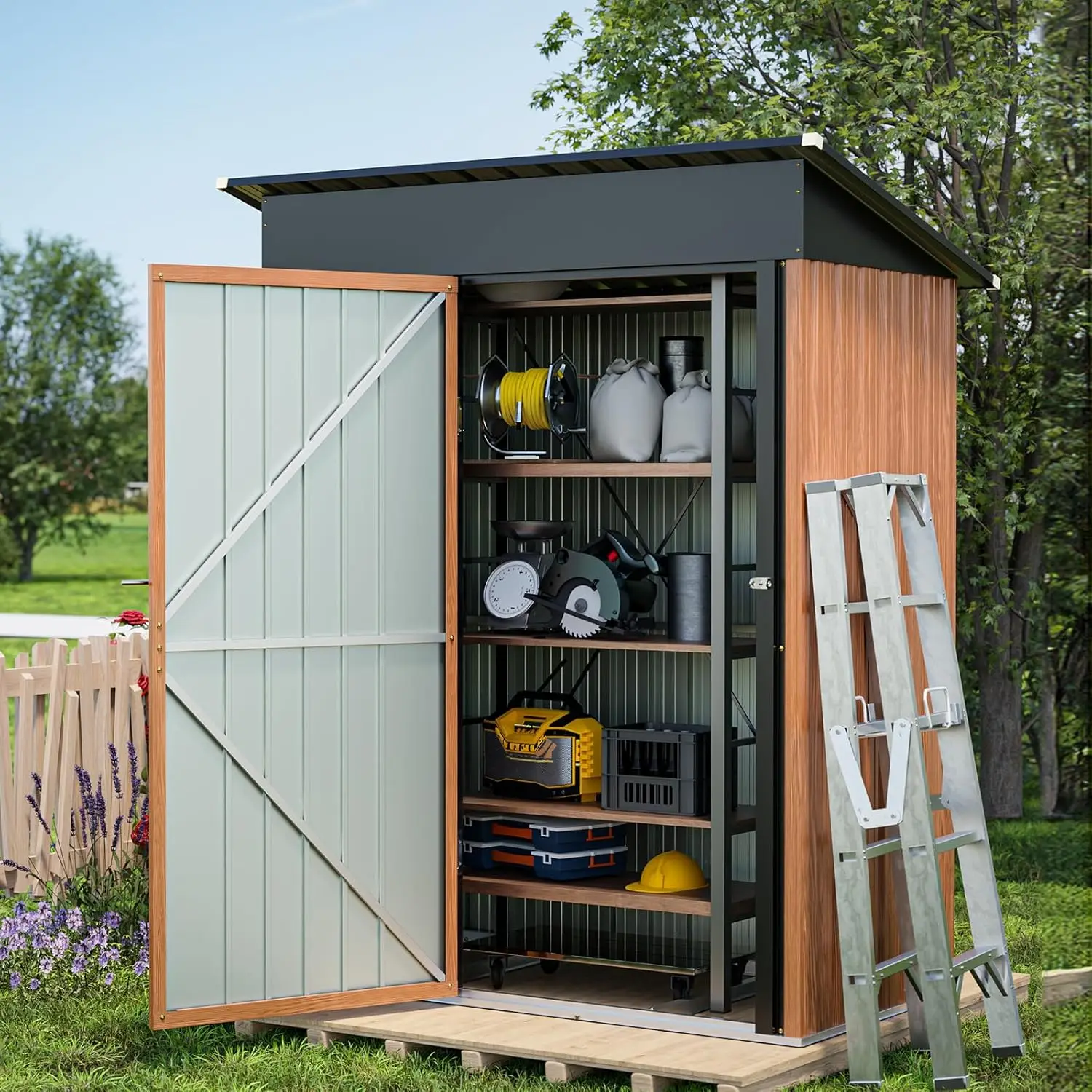 5x3 Ft Storage Shed, Outdoor Metal Shed W/ Floor & Lock, Small Lean To Shed, Compact Vertical Outside Bike Shed House for Garden