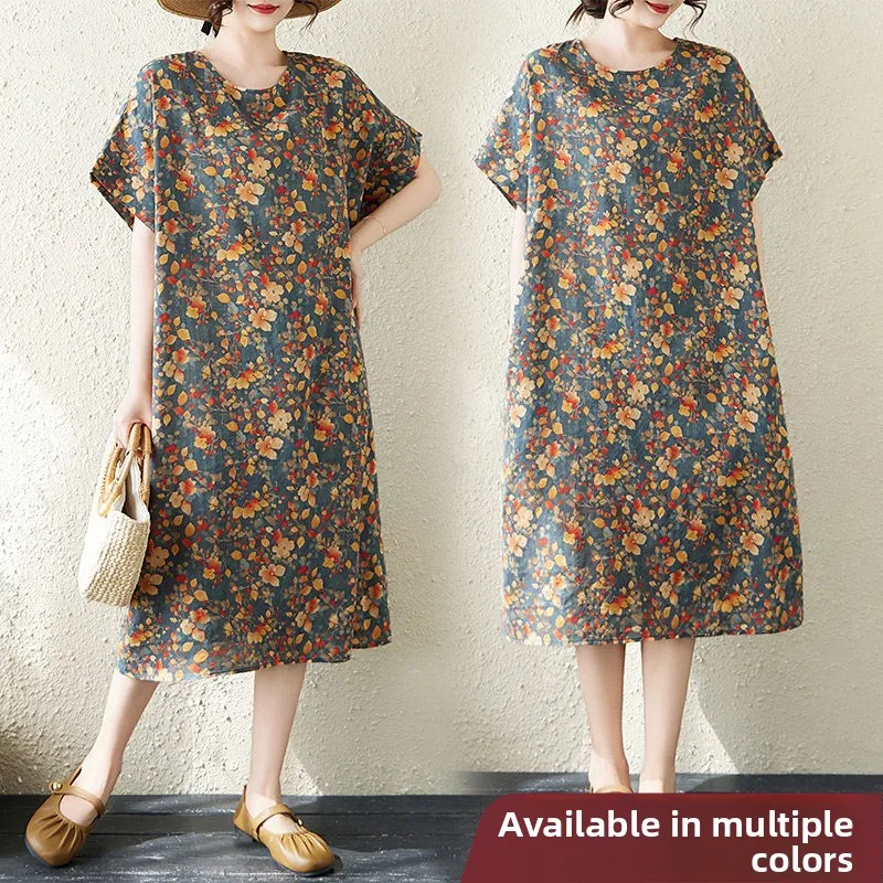 

Summer New plus Size Women's Cotton Linen Print Dress Knee-Length Short Sleeve Loose Fit Artistic Style City Walk Dress