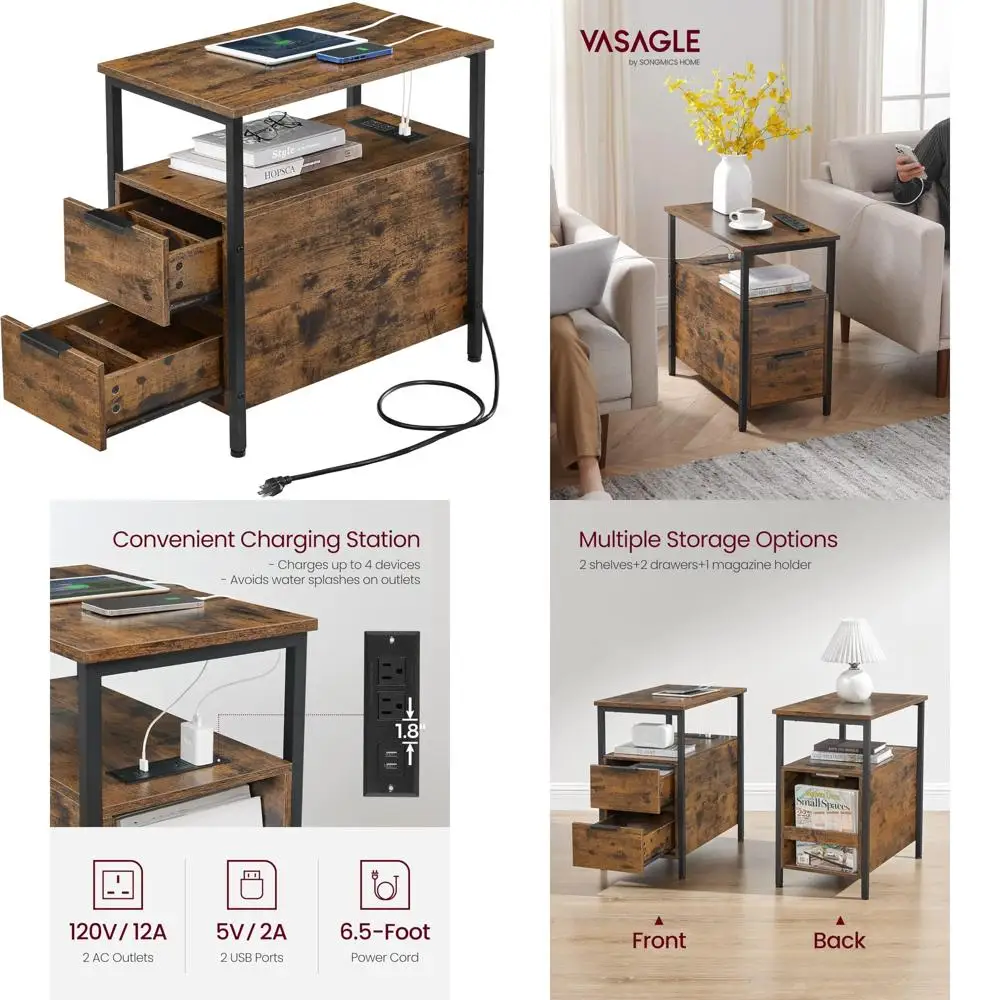 

Charging Station Nightstand: Slim Storage End Table with 2 Drawers for Bedside Use
