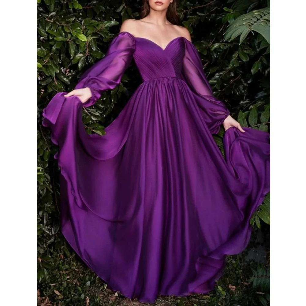 

EOENKKY Elegant Women's Evening Dress V-Neck Sheer A-Line Graduation Party Dress Off The Shoulder Long Sleeved Formal Prom Gowns