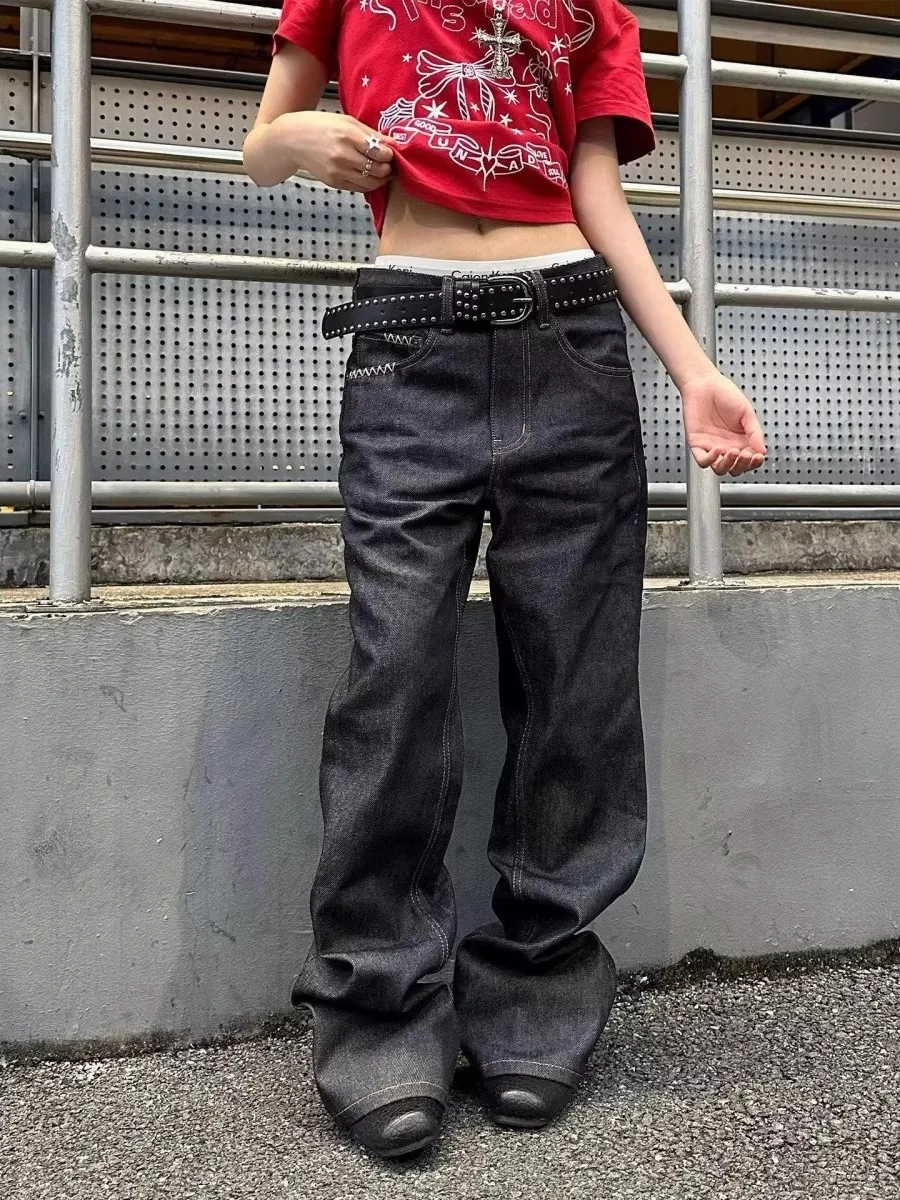 Retro American Hand Sewn Cleanfit Original Black Jeans Loose Wide Leg Pants Men's Casual Fashion Denim Straight Leg Jeans