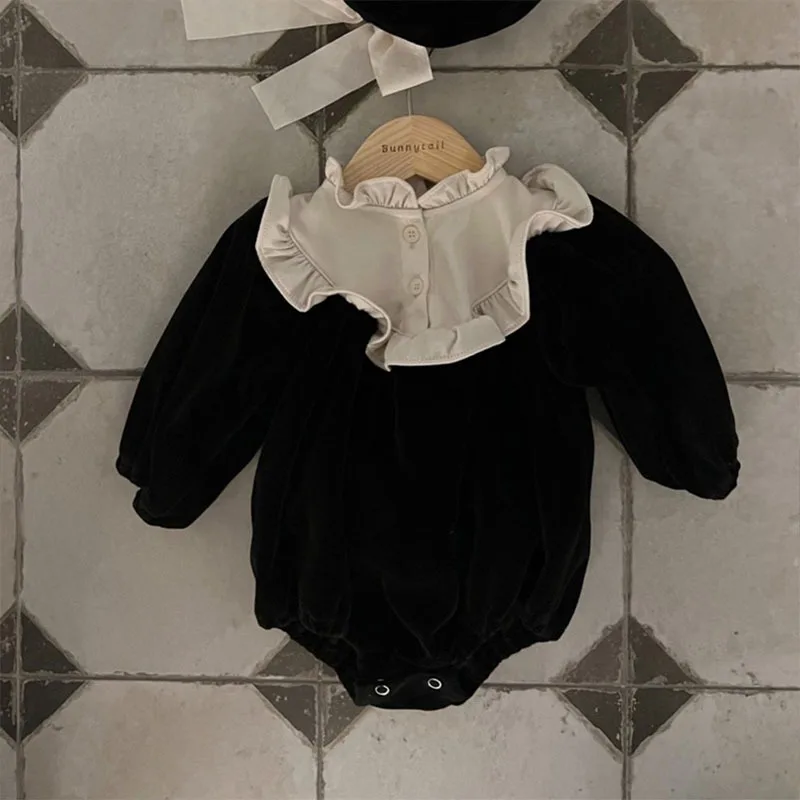 2024 Winter New Baby Girl Warm Bodysuit Newborn Toddler Long Sleeve Clothes Fashion Infant Girl Ruffled Collar Jumpsuit 0-24M