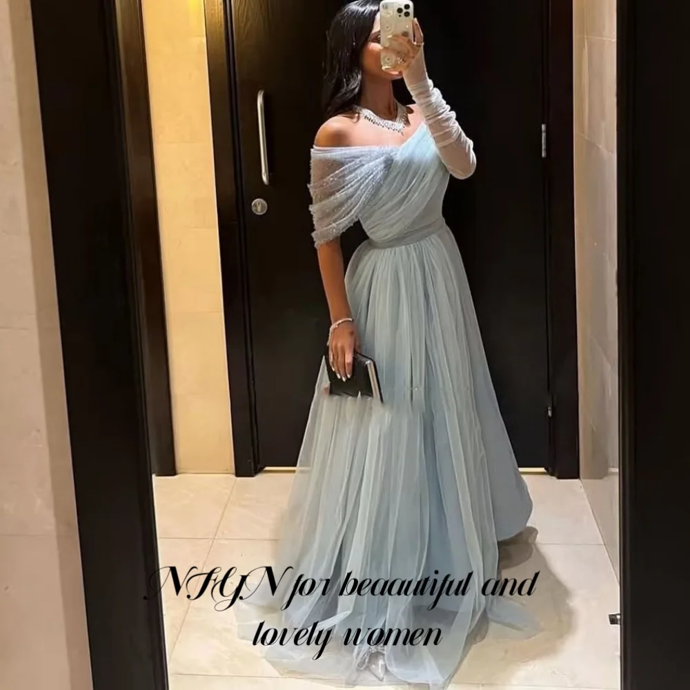 NFYN Blue Sexy Formal Gown Net Off the Shoulder Woman Evening Dress Pleats V-Neck A-Line Celebrity Dress for Woman Customized
