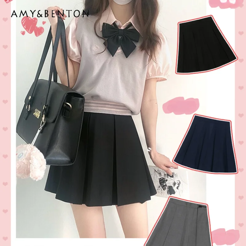 2024 New Japanese Original Summer Black JK Uniform Boxes Pleated Solid Short Skirt Eight Boxes Plain Versatile Skirt For Girls