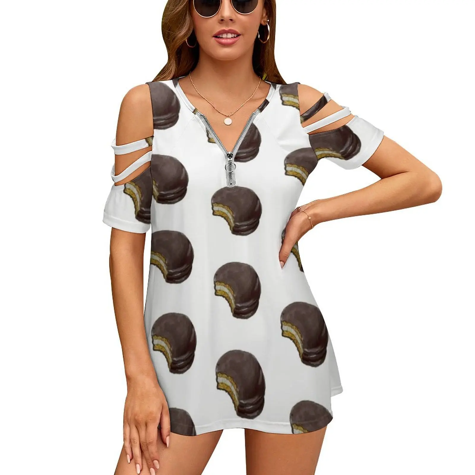 Chocolate Moonpie Women's T-Shirt New Fashion Printed Zipper V-Neck Short Sleeve T Shirts Casual Plus Size Chocolate Moonpie