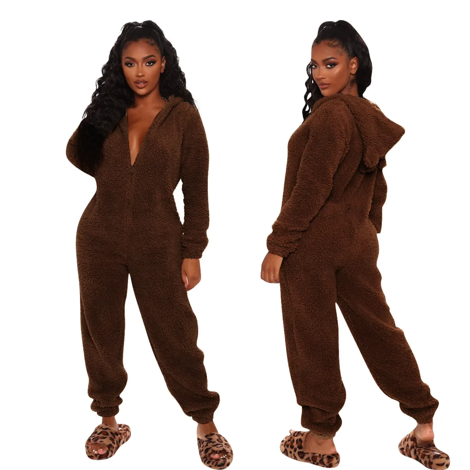 Plush Jumpsuit Women Overalls Long Sleeve Hooded Fashion Streetwear Jump Suits Autumn Winter Clothes Home Wear Pajama Playsuits