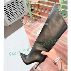 Beveled Leather Knee-high Boots Women Elegant Pointy Toe Black Stiletto High Heels Boots Ladies Winter Big Size Feminine Shoes
