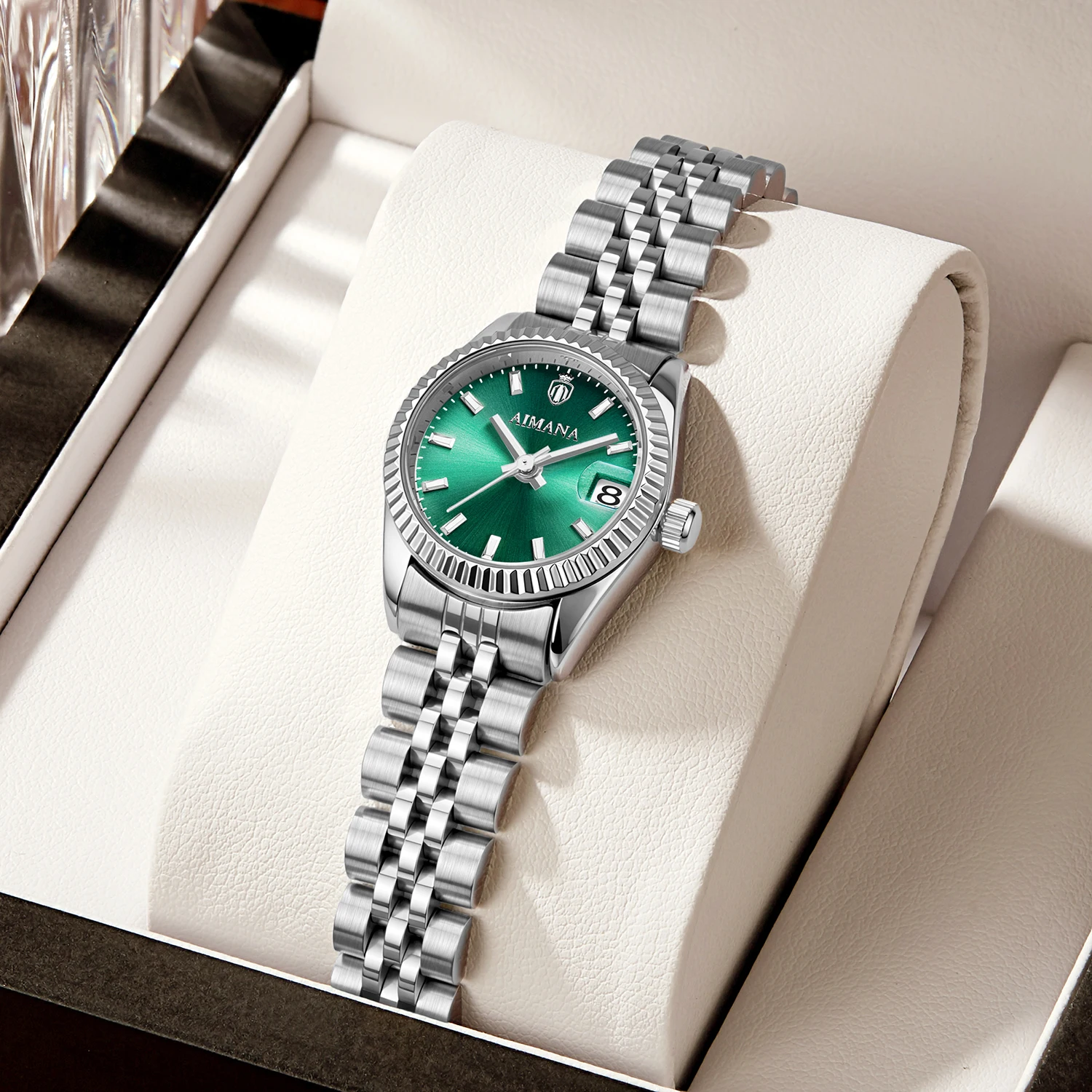AIMANA Elegant Ladies Watch Green Dial Date Waterproof Quartz Stainless Steel Strap Dress Wristwatch Gift for Women
