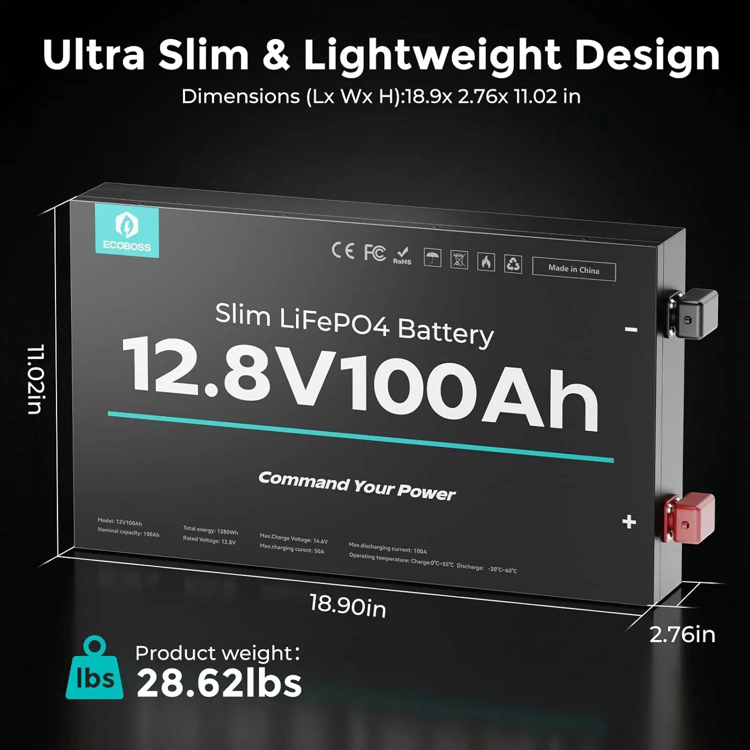 ECOBOSS 12V/100Ah/1280Wh LiFePO4 Lithium‑Iron‑Phosphate Battery,Ultra‑Thin 2.76 Inch Deep‑Cycle Rechargeable Storage Battery,Built‑in 100A BMS With Low‑Temperature Cut‑off,for RV,Marine Boat,Camper‑Van,Off‑Grid Solar System