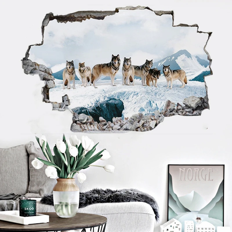 Snowy Mountains Wall Hole Art Snow Field Wolf Herd Vinyl Mural Stickers for Home Decoration Aesthetic Living Room Bedroom Porch