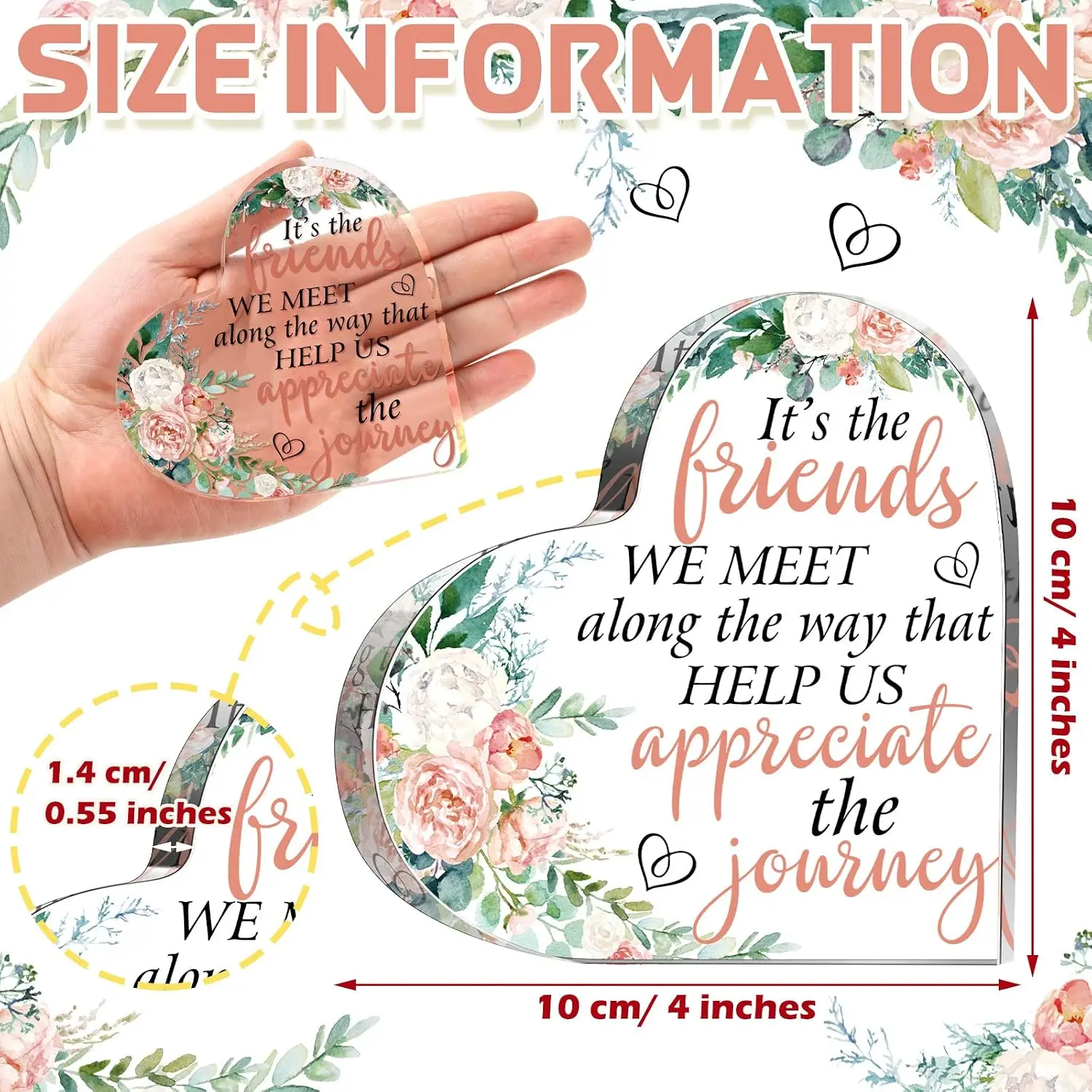 Heart‑Shaped Acrylic Plaque It's The Friends We Meet Along The Way Pink White Peony Floral Freestanding Friendship Keepsake Gift