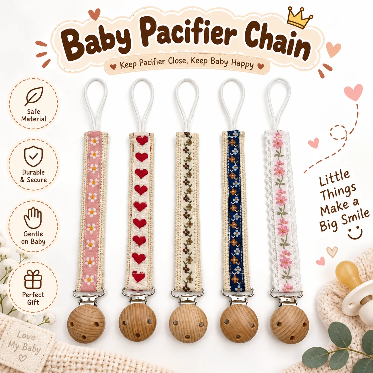 Wooden Baby Pacifier Chain Cute Flower Print Dummy Nipple Holder Guard Teether Pendant Baby Accessories