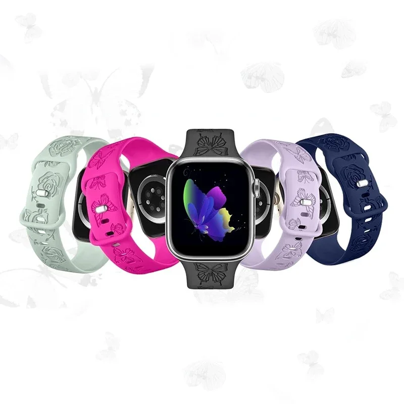 Rose Engraved Strap for Apple Watch Band 41mm 40 49mm 42mm 46mm 45mm 44mm Silicone Strap for iWatch Series 10 9 8 7 6 SE ultra 2