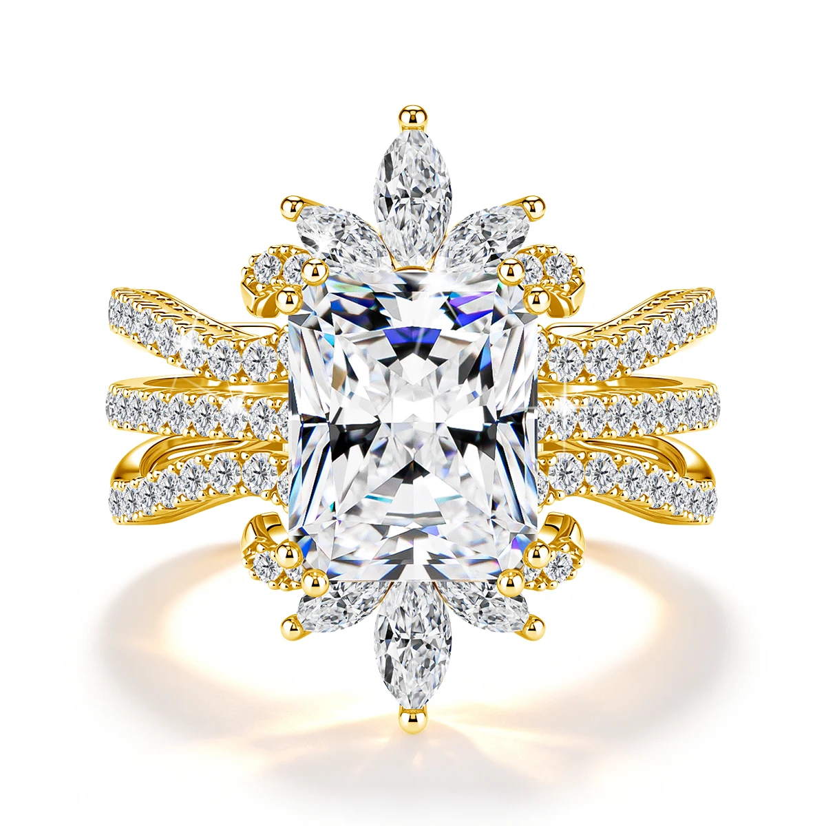 2-teiliger stapelbarer Moissanit-Ring, Redion-Schliff, 925 Sterling Silber, 18k vergoldet, Verlobungs- und Ehering für Brautschmuck – Detail 2