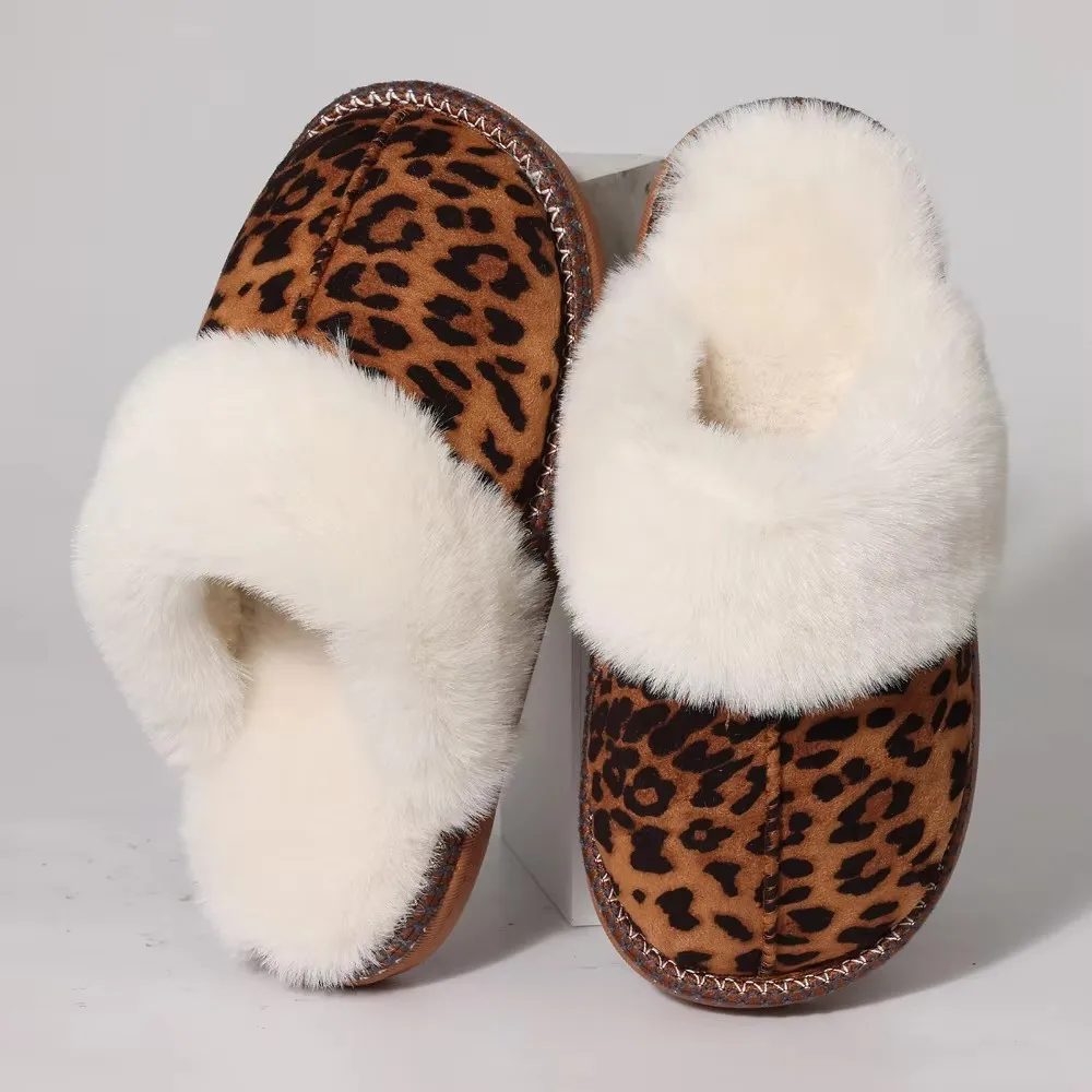 Crestar Women Winter House Slippers Lady Girls Fashion Leopard Warm Fur Collar Fluffy Slippers Indoor Comfortable Flat Sandals