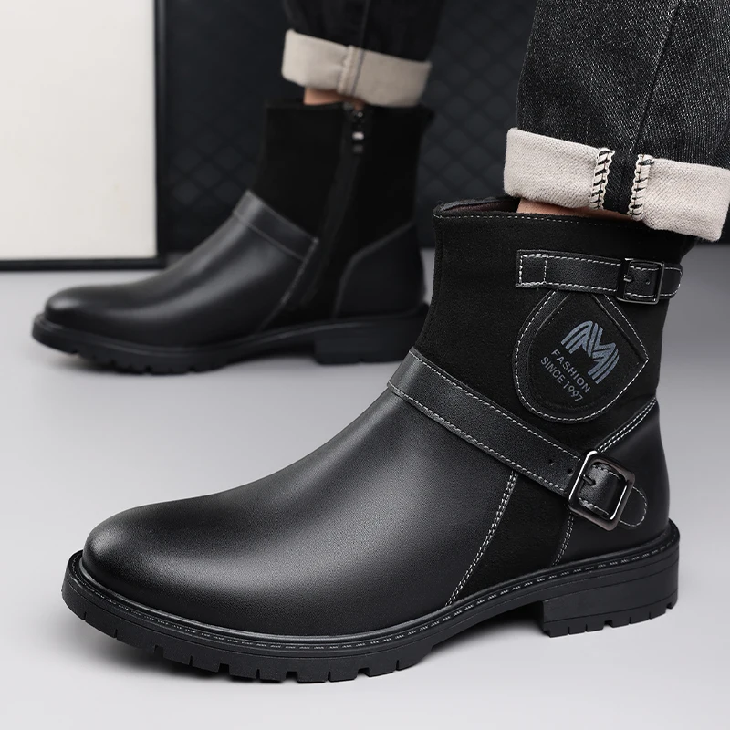 

Men's High-top Boots in Large Size with Flat Heel Mid-calf Length Made of Durable Denim Leather Slip-on Versatile Fashion Boots