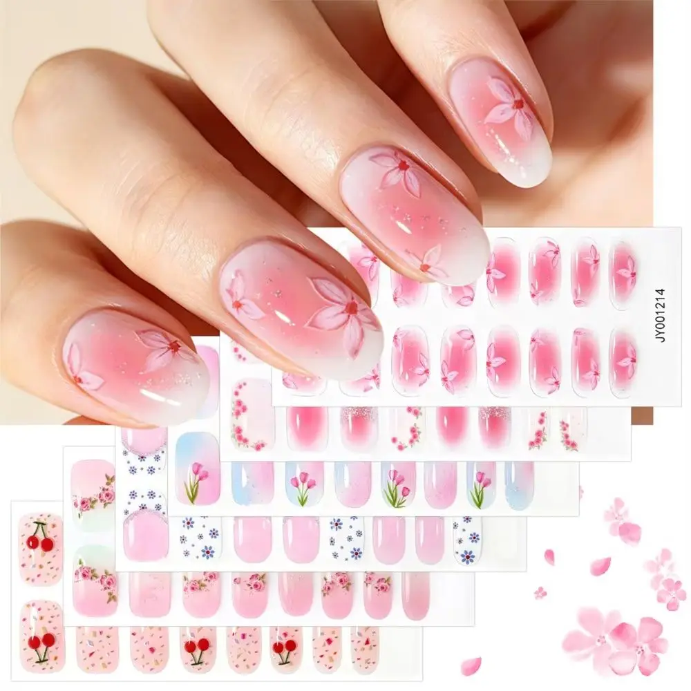 16Tips Spring Cherry Blossom Nail Polish Strips Pink Gradient French Nail Wraps Self-Adhesive Flower Nail Stickers for Manicure
