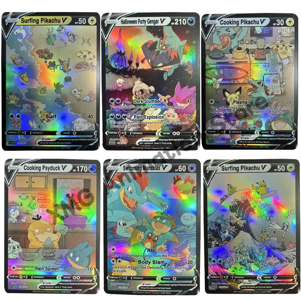 6-pcs-set-diy-ptcg-pokemon-colecao-cartao-self-made-ukiyoe-surf-pikachu-cartao-flash-colorido-versao-ingles