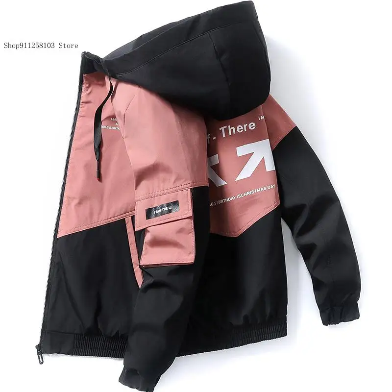 Spring and Autumn Men's Hip Hop Street Patchwork Hooded Loose Casual Print Jacket Coat