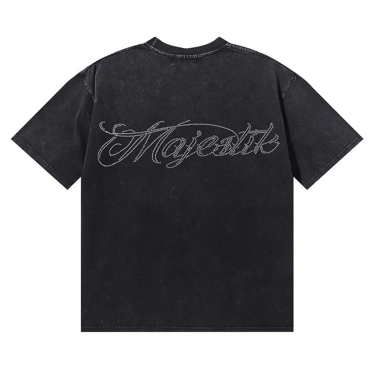 MAJESTIK Trendy Dog Print Washed Vintage Stained Diamond Design Loose Short-Sleeved T-shirt