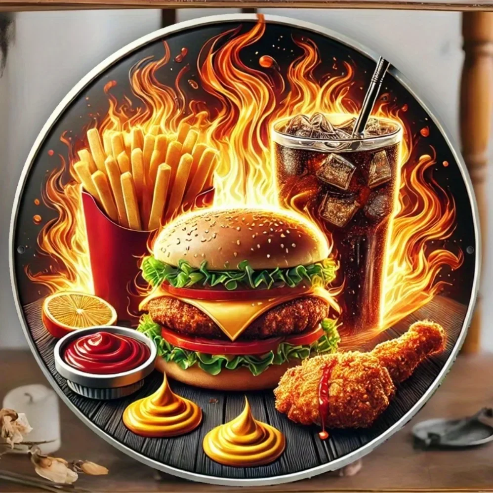 Retro Fried Chicken,Fries & Burger Scene with Soda-Bar,Cafe,Garage - Unique Gift Idea, Retro Food Theme|Durable Wall Art
