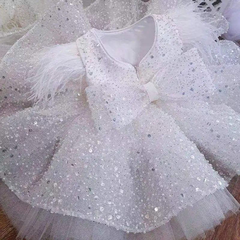 White Girl Party Dresses Elegant Feather Puffy Princess Dress Children Layers Lush Birthday Wedding Flower Girl Dresses