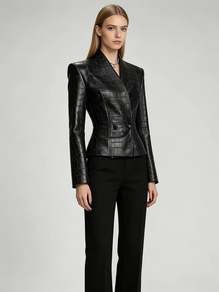 LIMO Women  Faux Leather Blazer, Long Sleeve Notched Lapel Slim Fitted Waist  Elegant Streetwear Party Formal Outerwear