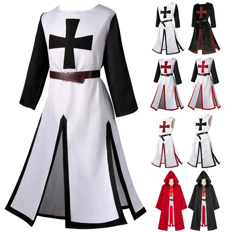 

Plus Size Men Medieval Cosplay Robes Templar Knight Crusader Surcoat Long Sleeve Short Tops Reenactment Costume