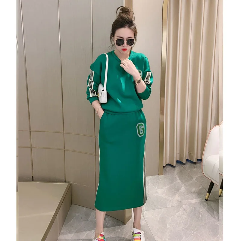 2024 Autumn and Winter New Fashion Letter G Ribbon Splicing Loose Hoodie Half Skirt Sports Set Two-piece Set Clothes for Women