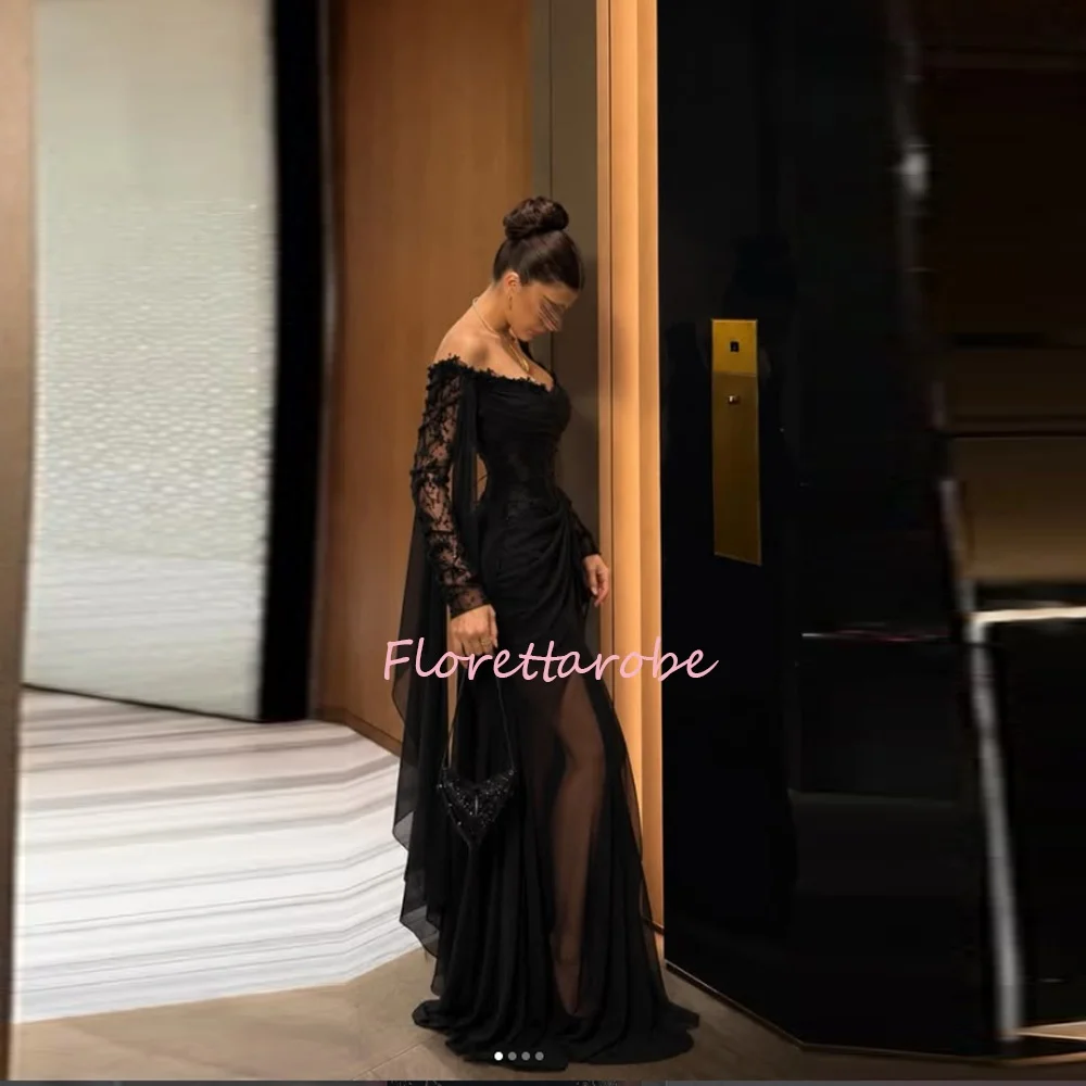 Black Chiffon  Off The Shoulder Long Sleeve Prom Gown Dubai Saudi  Arabic Sexy Lace Beads Evening Dresses Customize