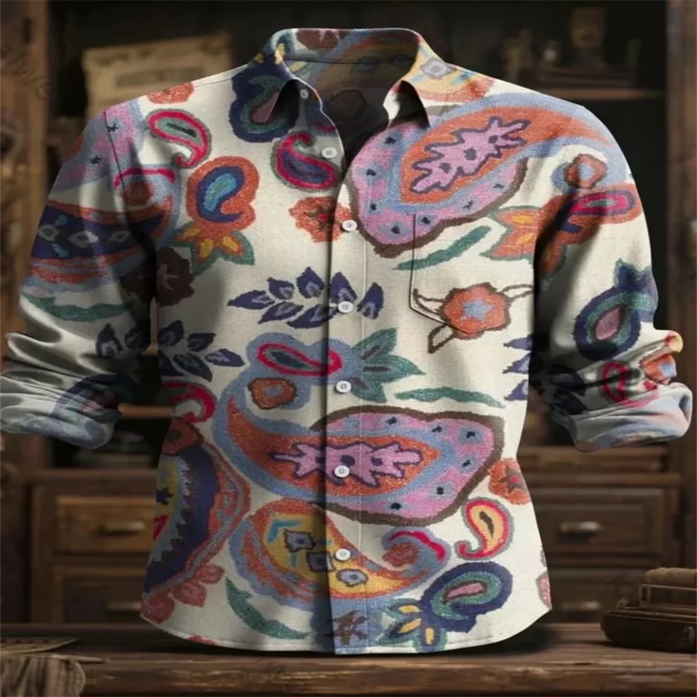 Men Vintage Boho Floral Patchwork Print Long Sleeve Shirt Lapel Button‑Down Casual Loose Streetwear Ethnic Style Shirts With Che