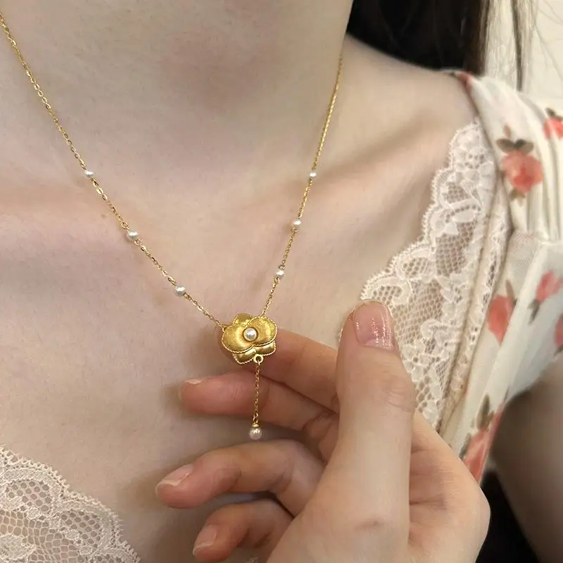 Rich and exquisite velvet gardenia pearl necklace antique gold craftsm brushed pearl collar chain tassel wedding jewelry - view 4