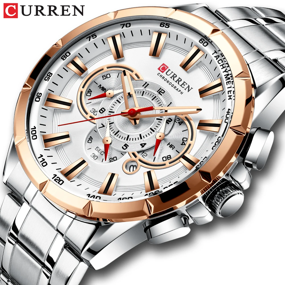 Reloj Deportivo Casual CURREN 8363 para Hombre, Cronógrafo con Correa de Acero Inoxidable, Esfera Grande, Reloj de Cuarzo con Agujas Luminosas