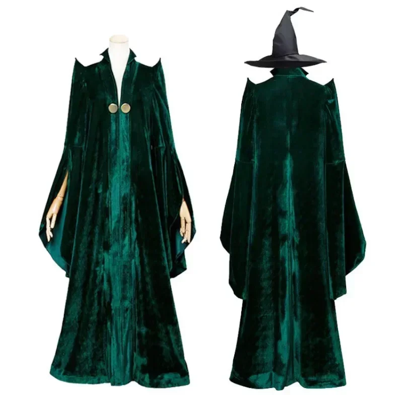 2025halloweenProfessor Minerva McGonagall Cosplay Costume Dress Green Cape Velvet Role Play Cloak Halloween Carnival Costume