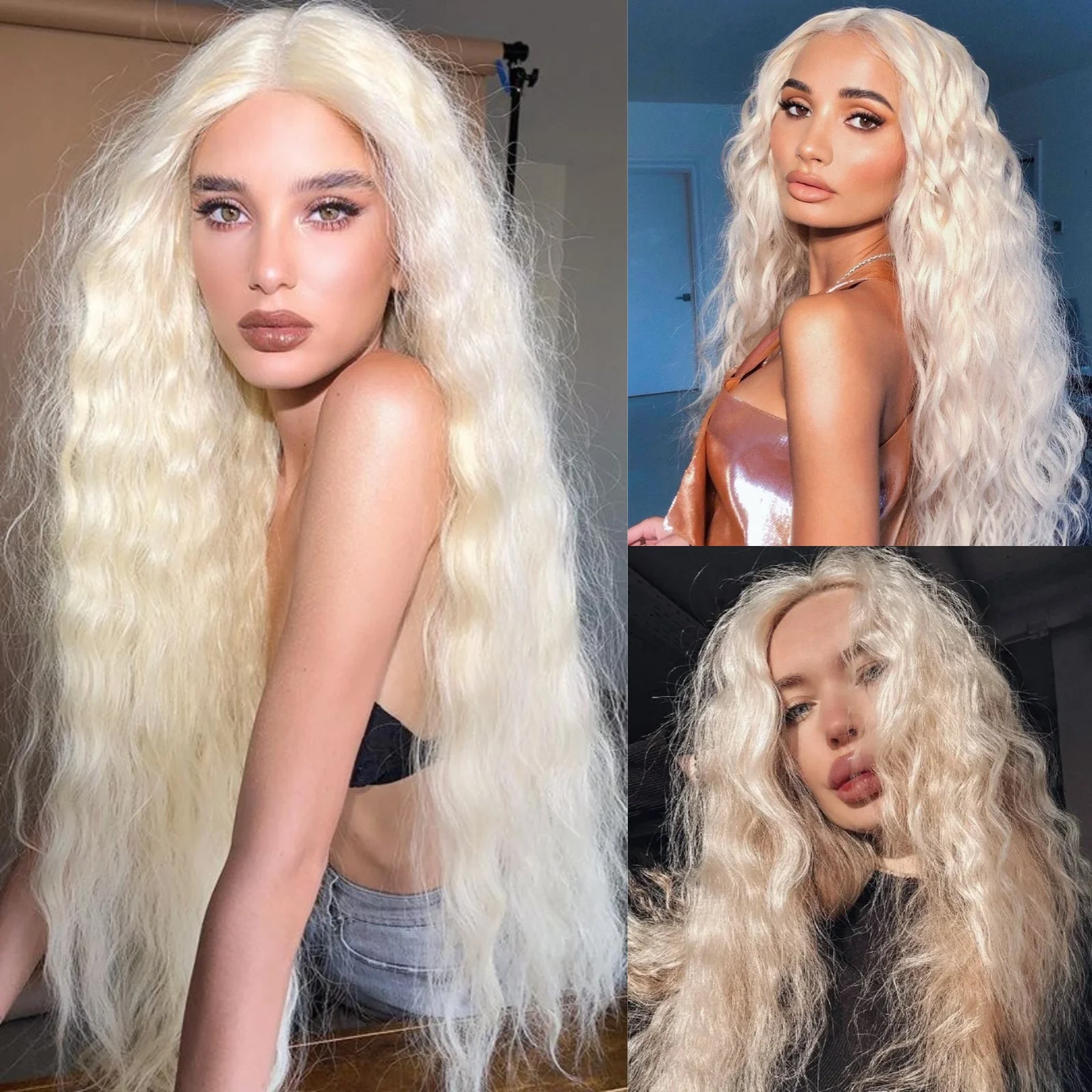 Natural Curly Wavy Platinum Blonde Synthetic Wig Free Part Long Water Wave White Blonde Heat Resistant Fiber Wigs for Women