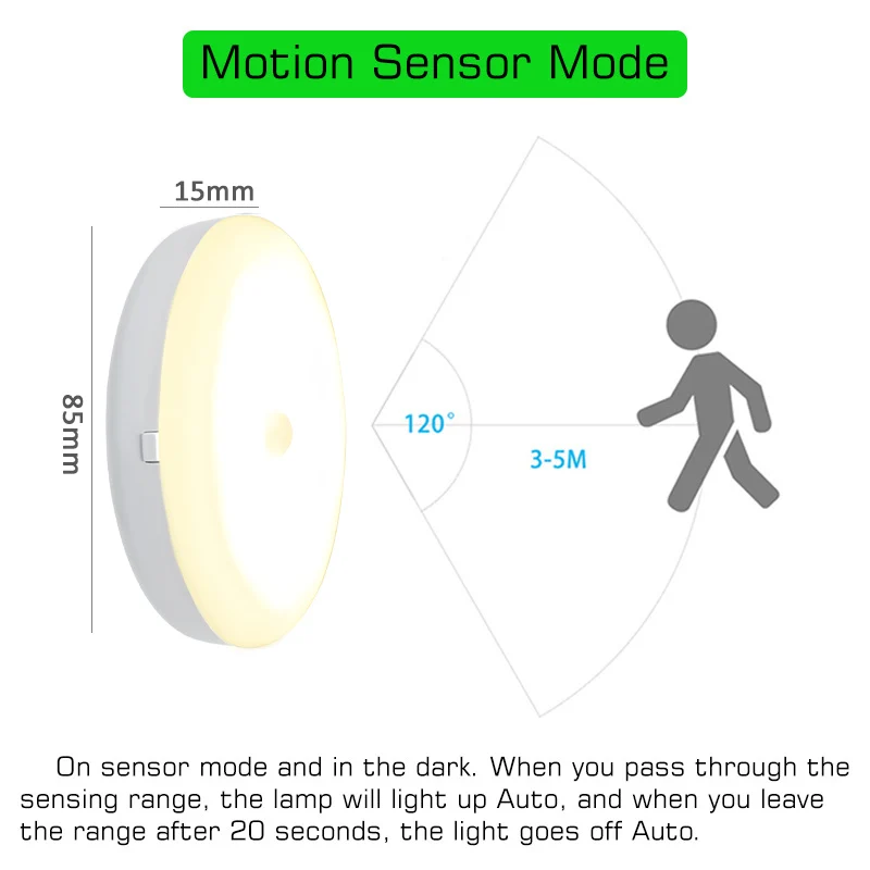 Motion Sensor LED Night Light Button Control Induction Nightlight USB Rechargeable Lamp Dimmable Light for Stairs Cabinet Closet