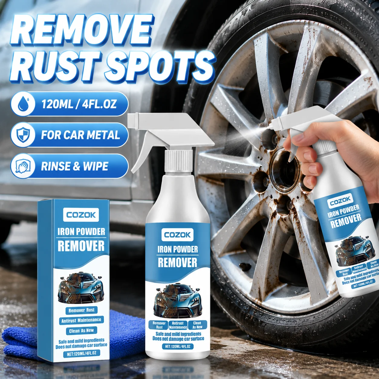 Car Iron Powder Rust Remover, Safe for Paint, Removes Metal Surface Rust, Forms Protective Film, Prevents Future Rust, Extends Service Life, Easy Spray and Rinse, Auto Detailing