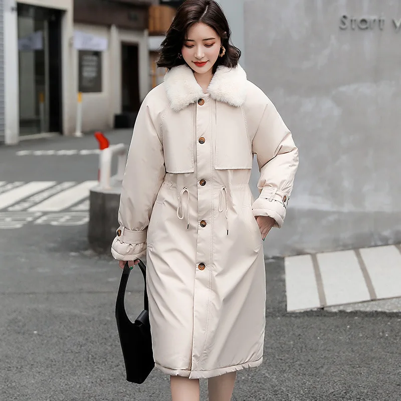 2022 Thick Lamb Wool Down Jacket Women Winter Fur Collar Long Parka Coat Korean Fashion Warm Cotton Outwear Female Slim Trench