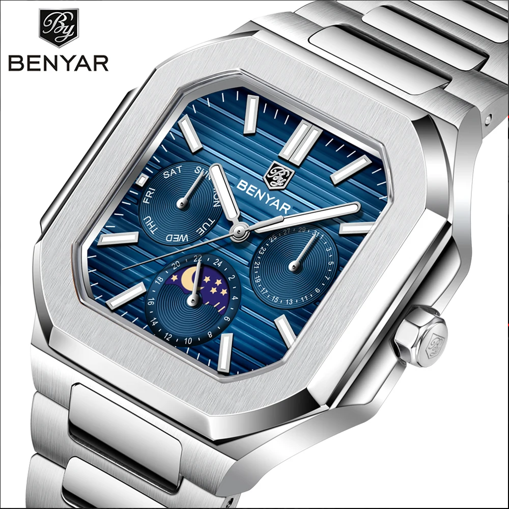 BENYAR 2025 New Top PE806 Square Moonphase Wristwatch Classic Luxury Mens Quartz Watch Sapphire Glass Stainless Steel BY5221