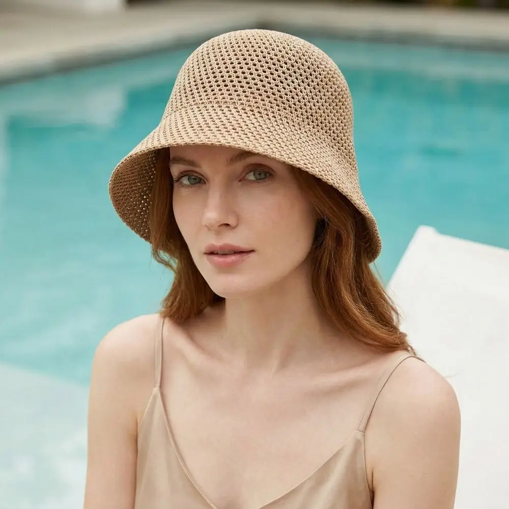 Summer Ladies Hollow‑Out Knitted Bucket Hat Soft Breathable Sun Protection Fisherman Hat For Vacation Beach Street Daily Outfit