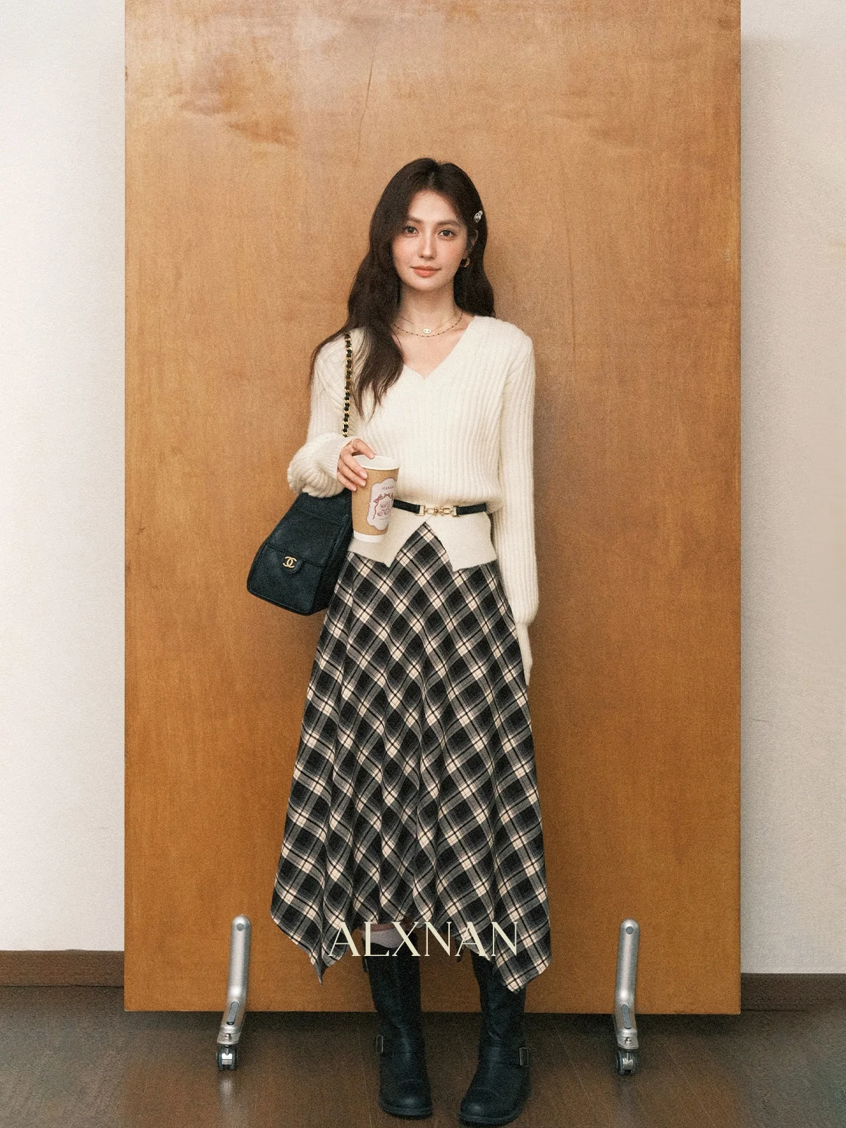 

Черная асимметричная юбка-миди в клетку А-силуэта для женщин, осенне-зимняя повседневная юбка средней длины для девушек и дам, с завышенной талией