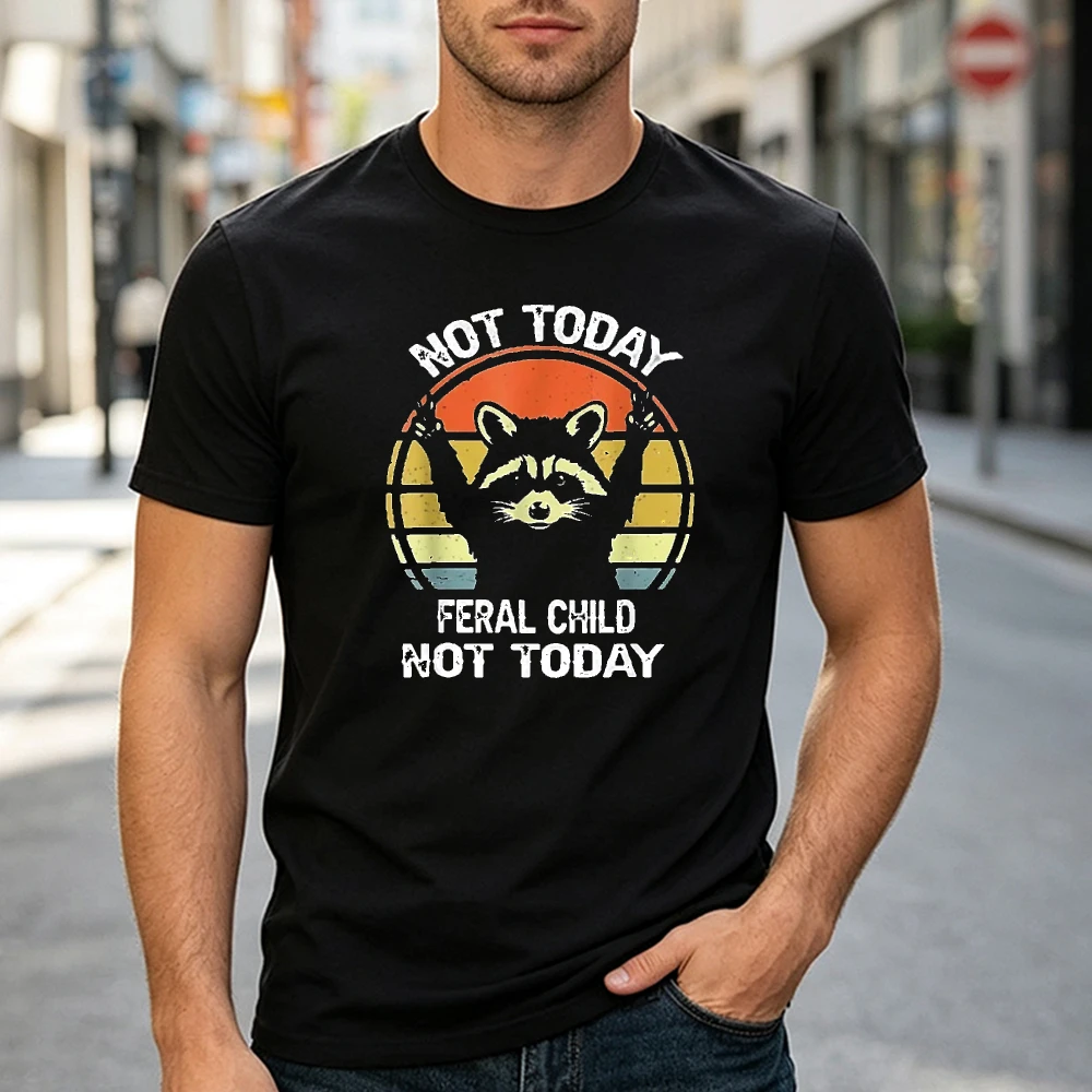Retro Feral Child Raccoon Men Black T Shirt Wild Nature Vibe Hipster Streetwear T Shirt Grunge Urban Graphic Tops