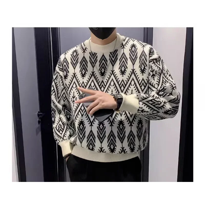 العرقية نمط سترة جاكار الرجال قاع قميص بأكمام طويلة الخريف والشتاء محبوك سترة البلوز #3