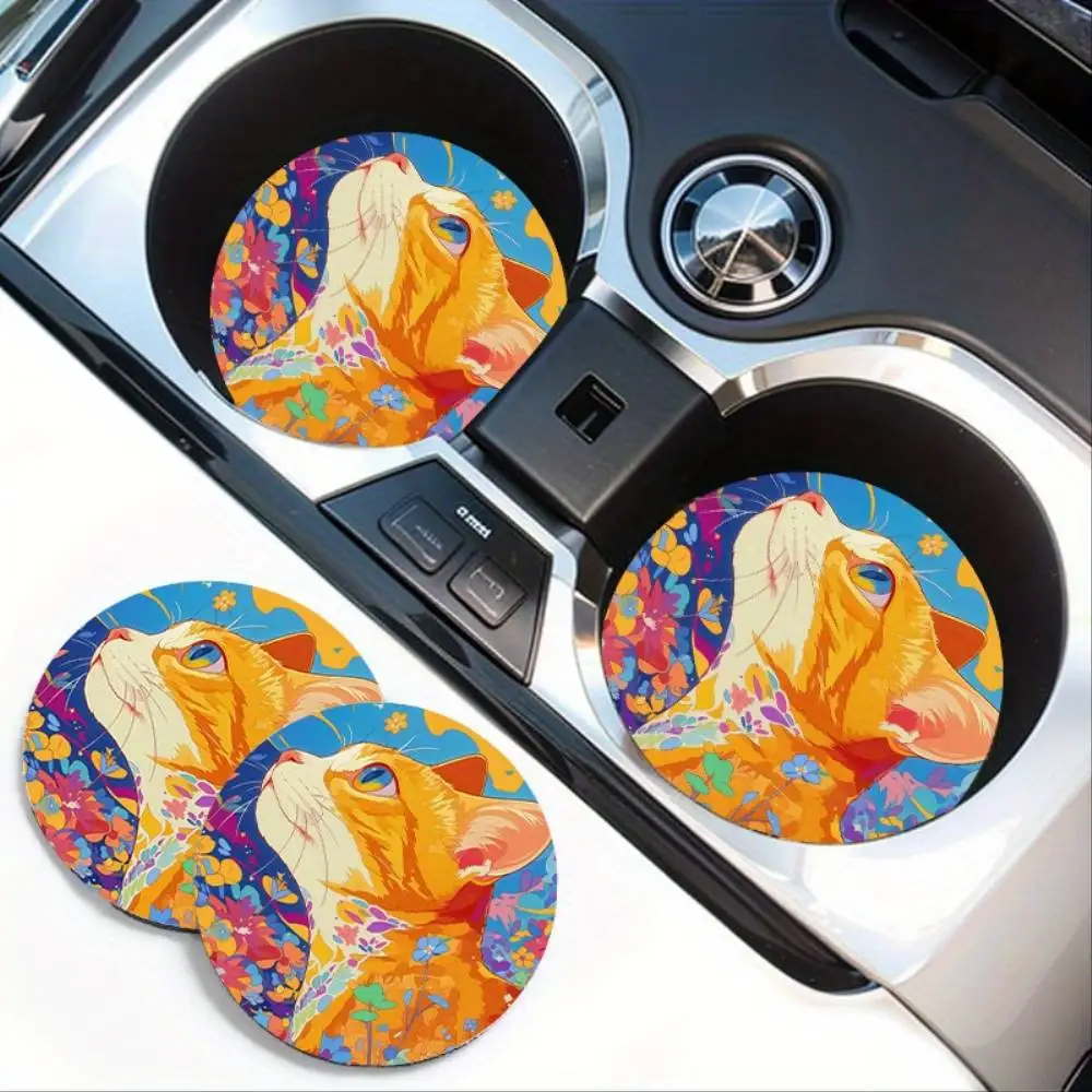 Vibrant Orange Cat Floral Car Cup Holder Coasters Non-Slip Rubber Drink Mats Vehicle Interior Decor