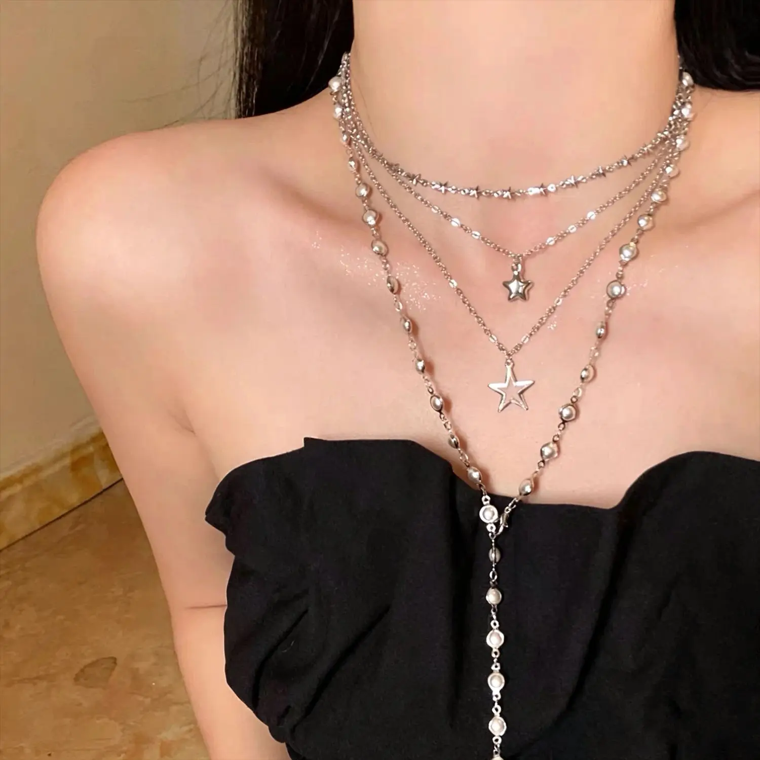 2026 Neues Trendiges Personalisiertes Stern-Perlen Vintage Mehrschichtiges Perlenketten-Set für Frauen Goth Y2K Schmuck Geschenk Accessoires