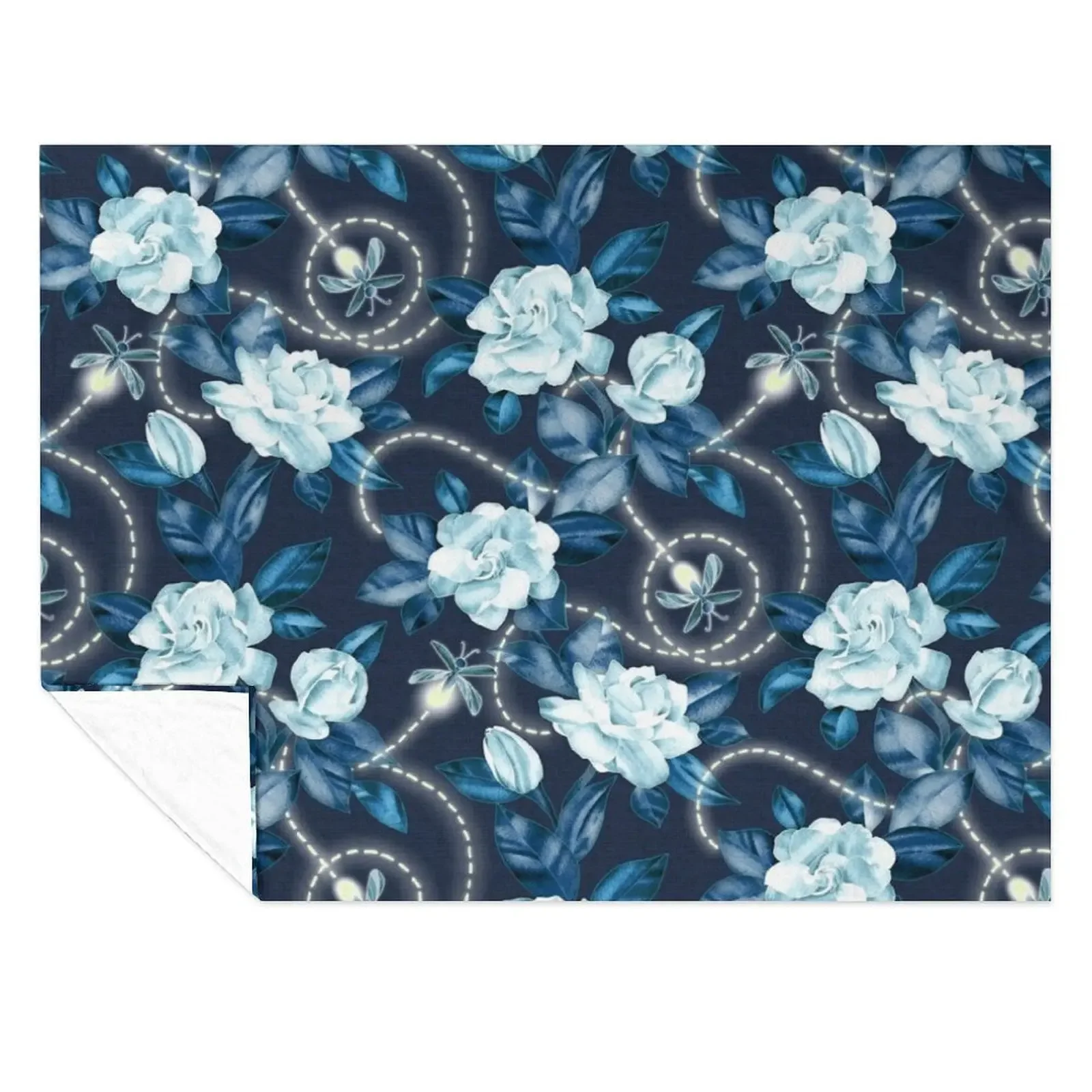 

Midnight Sparkles - Gardenias and Fireflies in Sapphire Blue Throw Blanket Picnic warm for winter Beach Blankets
