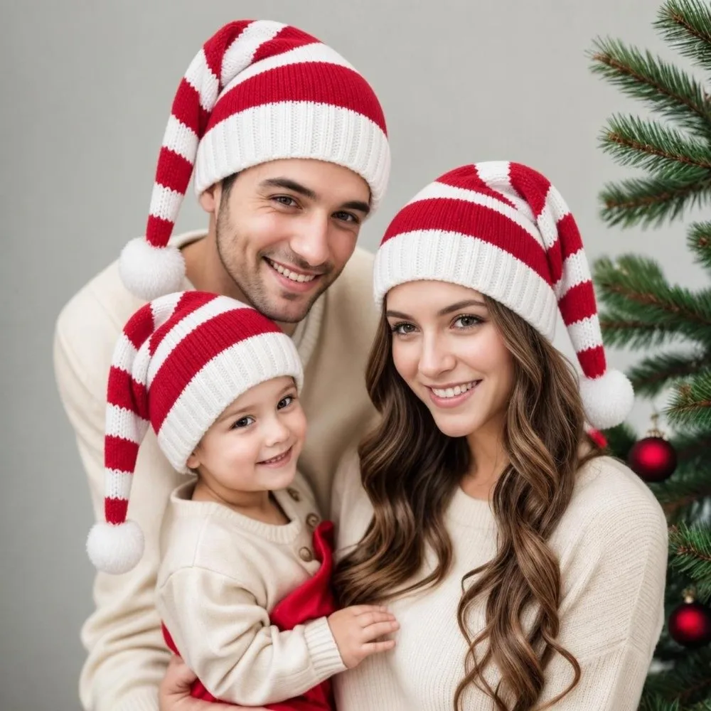Winter Christmas Hat Thickened Red White Color Knitted Beanie Hat With Pompoms Christmas Decoration Cosplay Costume Hat