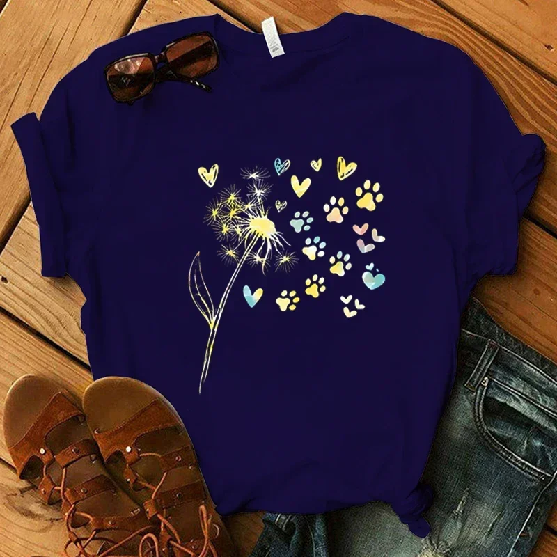 Dog Paw Love Dandelion Print T Shirt Fans Summer Casual Short Sleeve Tee Cute Loose T Shirts