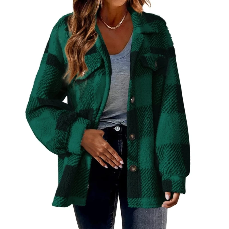 Womens Flannel Plaids Shacket Long Sleeve Button Down Shirts Lapel Collar Oversized Loose Fleece Coat Outerwear